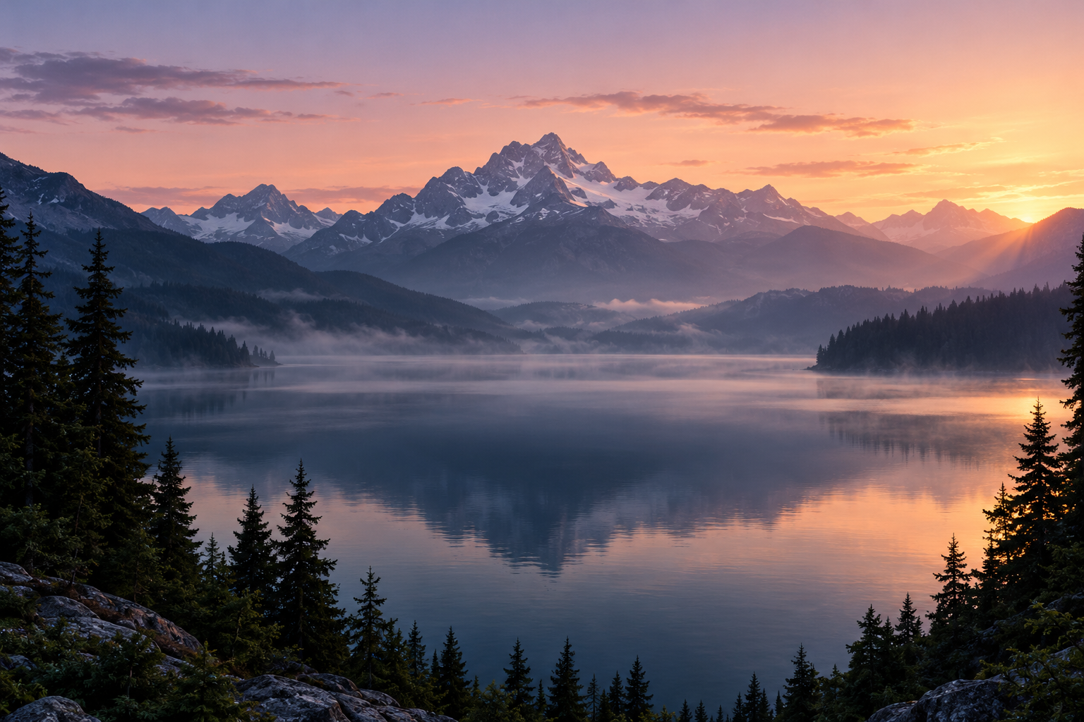 Alpine lake and mountain landscape at dawn